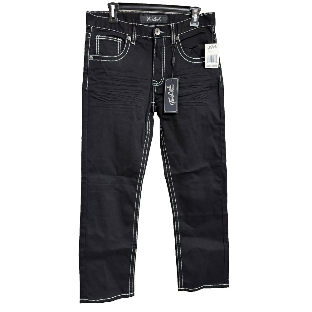 True Luck Mens Straight Stretch Denim Jeans Size 32x30 Black with White Thread